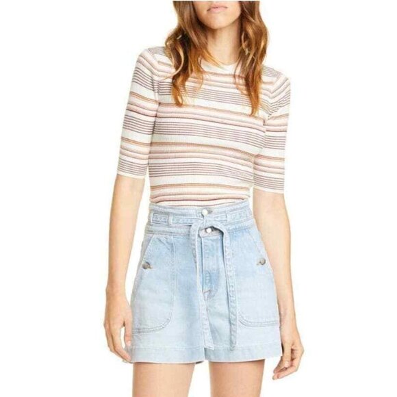 NWT FRAME Size XS striped Ribbed knitted Crew neck cropped top Off white Multi - Picture 1 of 10